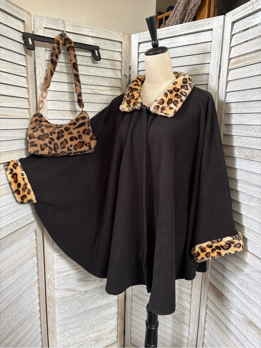 Mob Wife Faux Fur Leopard Black Cape Poncho & Whimsigoth Old Money Purse/Bag Set
